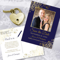 Navy Blue Gold Frills Photo Save the Date Wedding