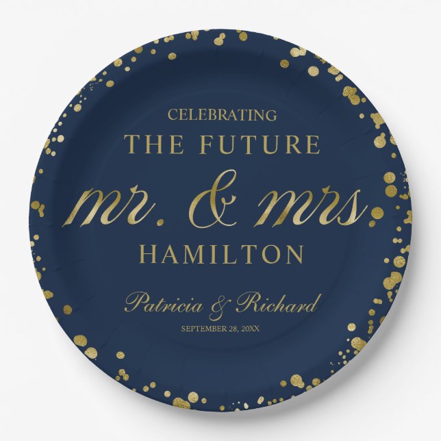 Navy Blue Gold Future Mr and Mrs Engagement Party Paper Plate (Front)