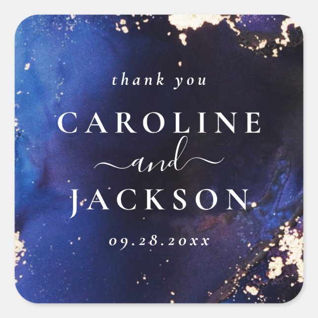 Navy Blue Gold Galaxy Wedding Favour Square Sticker (Front)