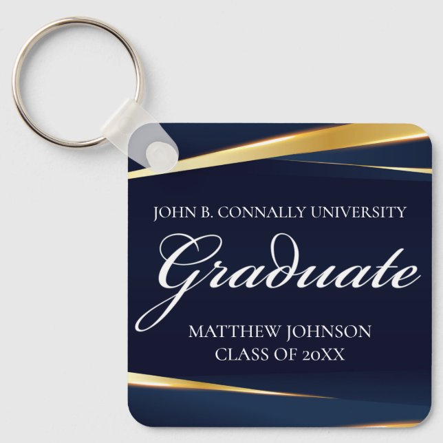 Navy Blue Gold Geometric Formal Graduation Custom Keychain (Front)