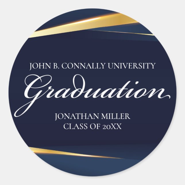 Navy Blue Gold Geometric Formal Graduation Party Classic Round Sticker (Front)