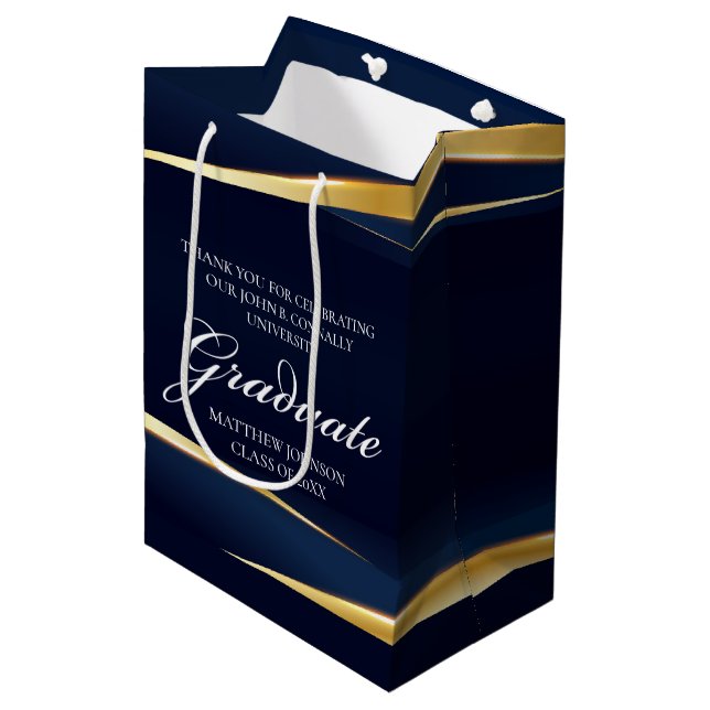Navy Blue Gold Geometric Formal Graduation Party Medium Gift Bag (Front Angled)