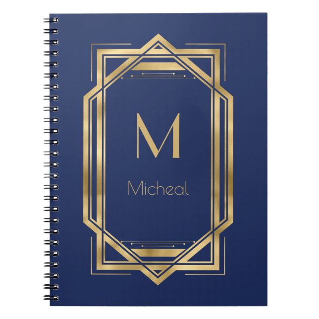 Navy Blue &  Gold Geometric | Monogram & Name   Notebook (Front)