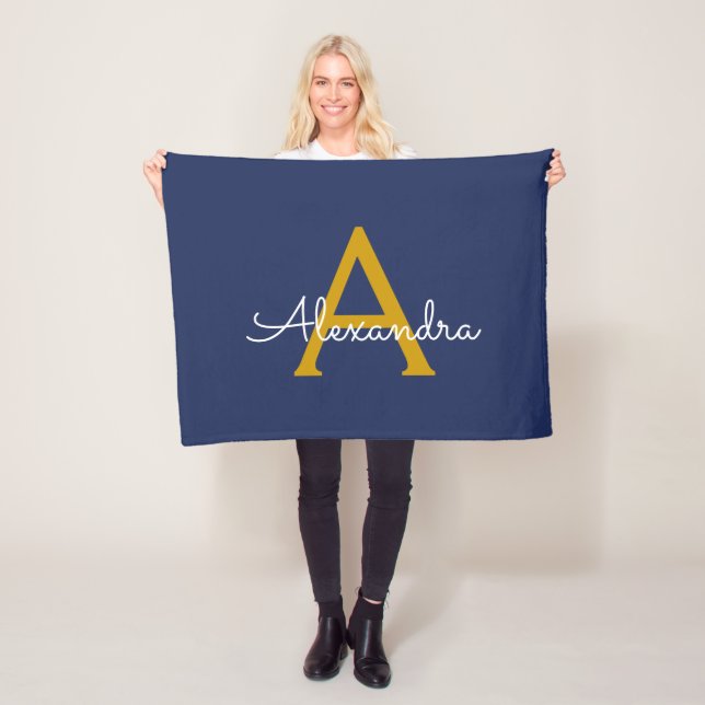 Navy Blue Gold Girly Monogram Name Modern Fleece Blanket (In Situ)