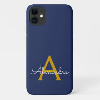 Navy Blue Gold Girly Script Monogram Name Modern
