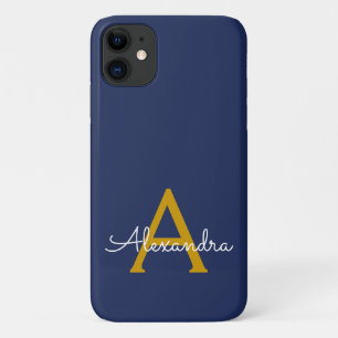 Navy Blue Gold Girly Script Monogram Name Modern iPhone 11 Case