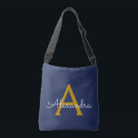 Navy Blue Gold Girly Script Monogram Name Modern Crossbody Bag<br><div class="desc">Gold and Navy Blue anniversary,  baby shower or bachelorette party gift for someone that loves glam luxury and chic styles.</div>