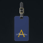 Navy Blue Gold Girly Script Monogram Name Modern Luggage Tag<br><div class="desc">Gold and Navy Blue Monogram Add Your Own Name Script Signature Pillow. The luggage bag tag makes the perfect sweet 16 birthday,  wedding,  bridal shower,  baby shower or bachelorette party gift for someone who loves a chic elegant and modern style.</div>