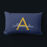 Navy Blue Gold Girly Script Monogram Name Modern Lumbar Pillow<br><div class="desc">Gold and Navy Blue Monogram Add Your Own Name Lumbar Pillow. This makes the perfect sweet 16 birthday,  wedding,  bridal shower,  anniversary,  baby shower or bachelorette party gift for someone that loves glam luxury and chic styles.</div>