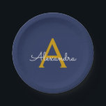 Navy Blue Gold Girly Script Monogram Name Modern Paper Plate<br><div class="desc">Gold and Navy Blue Monogram Add Your Own Name Script Party Plates. This makes the perfect sweet 16 birthday,  wedding,  bridal shower,  anniversary,  baby shower or bachelorette party gift for someone that loves glam luxury and chic styles.</div>