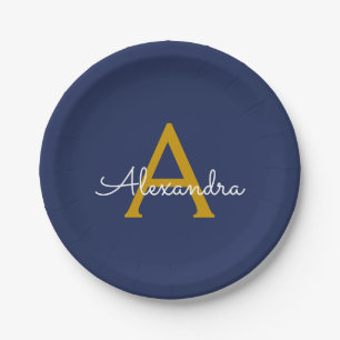 Navy Blue Gold Girly Script Monogram Name Modern Paper Plate