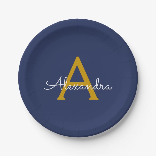 Navy Blue Gold Girly Script Monogram Name Modern Paper Plate (Front)