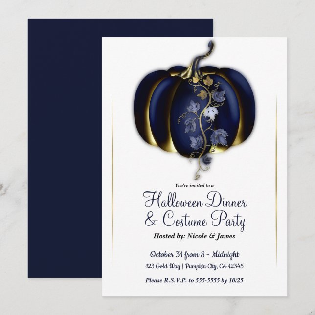 Navy Blue Gold Glam Pumpkin Halloween Dinner Party Invitation (Front/Back)