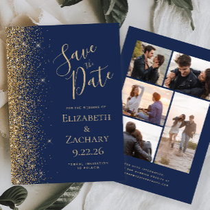 Navy Blue Gold Glitter 5-Photo Save the Date Card
