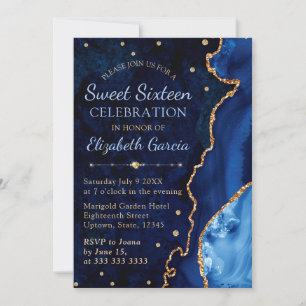 Navy Blue & Gold Glitter Agate and marble Sweet 16 Invitation
