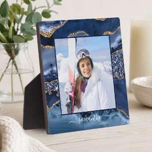 Navy Blue Gold Glitter Agate Elegant Name Photo Plaque