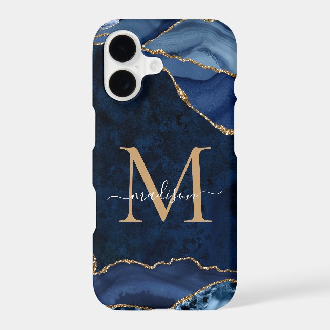 Navy Blue Gold Glitter Agate Gemstone Monogram (Back)