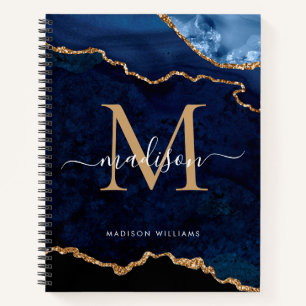 Navy Blue Gold Glitter Agate Geode Monogram Notebook