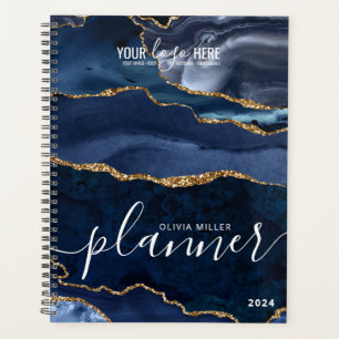 Navy Blue Gold Glitter Agate Marble Business Logo Planner
