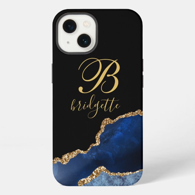 Navy Blue Gold Glitter Agate Monogram iPhone Case (Back)