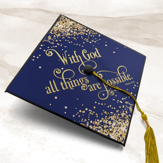 Navy Blue Gold Glitter All Things Are Possible Graduation Cap Topper (Creator Uploaded)