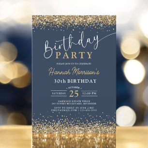 Navy Blue Gold Glitter Any Age 30th Birthday Invitation