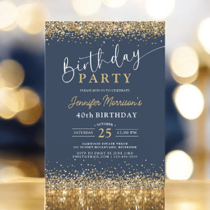 Navy Blue Gold Glitter Any Age 40th Birthday Invitation