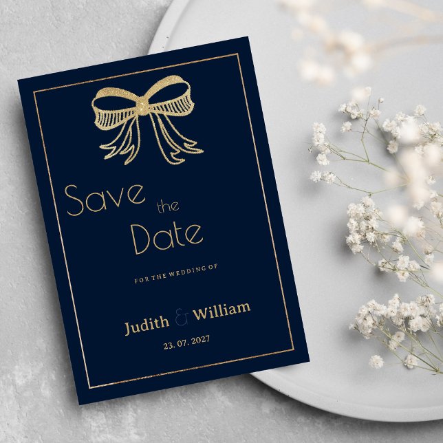 Navy blue gold glitter bow ribbon Save the Date Invitation (Navy blue gold glitter bow ribbon Save the Date)