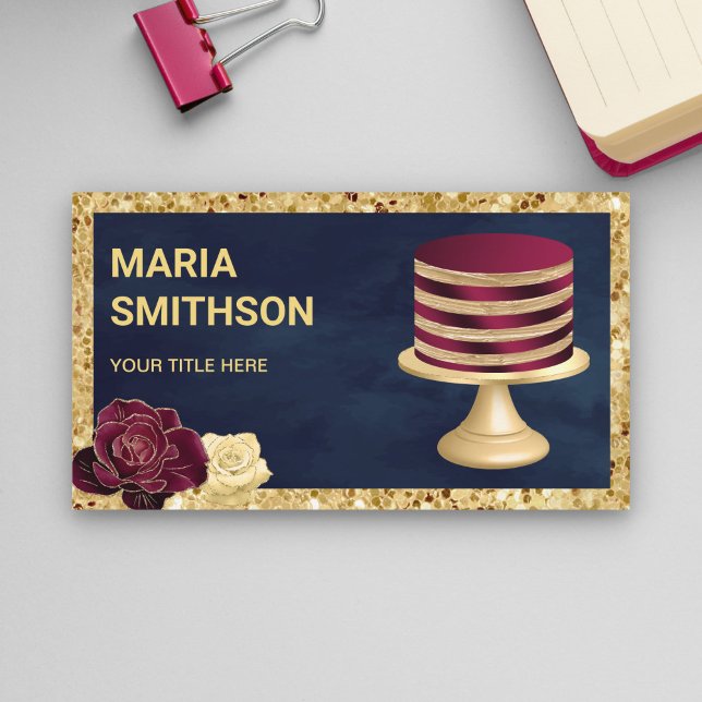 Navy Blue Gold Glitter Burgundy Stripe Cake Bakery Business Card (Creator Uploaded)