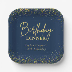 Navy Blue Gold Glitter Confetti Birthday Dinner Paper Plate