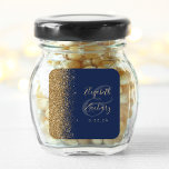 Navy Blue Gold Glitter Edge Wedding Square Sticker<br><div class="desc">This elegant modern wedding sticker features a faux gold glitter design on the left margin. Easily customize the gold coloured text on a navy blue background,  with the names of the bride and groom in handwriting calligraphy superimposed on a large ampersand.</div>
