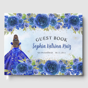 Navy Blue Gold Glitter Floral Princess Quinceañera Guest Book