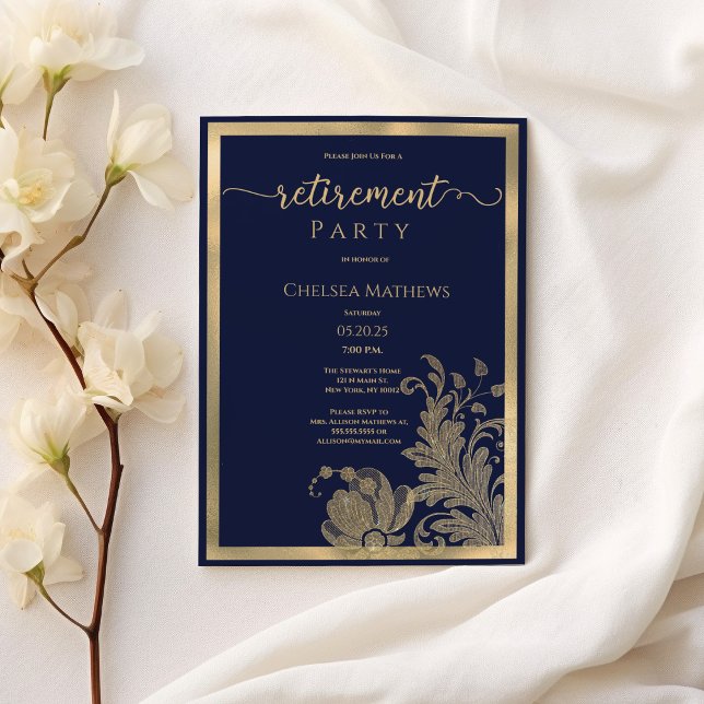 Navy blue gold glitter floral Retirement Party Invitation (Navy blue gold glitter floral Retirement Party)