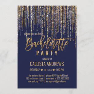 Navy Blue Gold Glitter Fringe Curtain Bachelorette Invitation