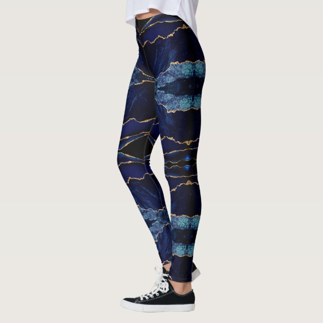 Navy Blue Gold Glitter Gemstone Marble Leggings (Left)