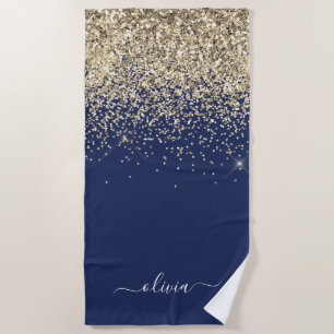 Navy Blue Gold Glitter Girly Monogram Name Beach Towel