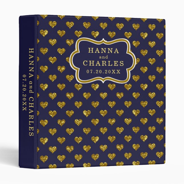 Navy Blue Gold Glitter Heart Pattern Wedding Album Binder (Front/Spine)