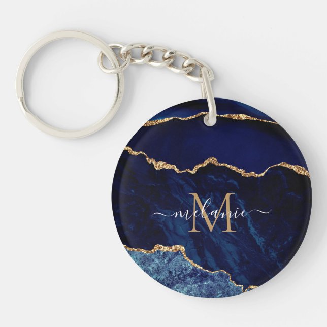 Navy Blue Gold Glitter Keychain Custom Letter Name (Front)