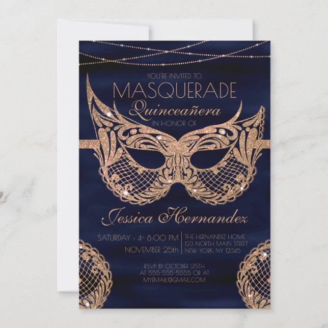 Navy Blue Gold Glitter Lace Masquerade Quinceañera Invitation (Front)