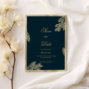 Navy blue gold glitter leaf floral Save the Date  Invitation