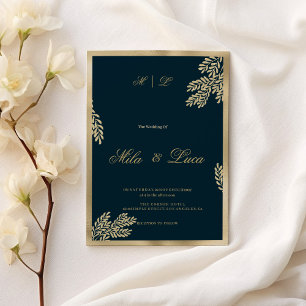 Navy blue gold glitter leaf floral Wedding  Invitation