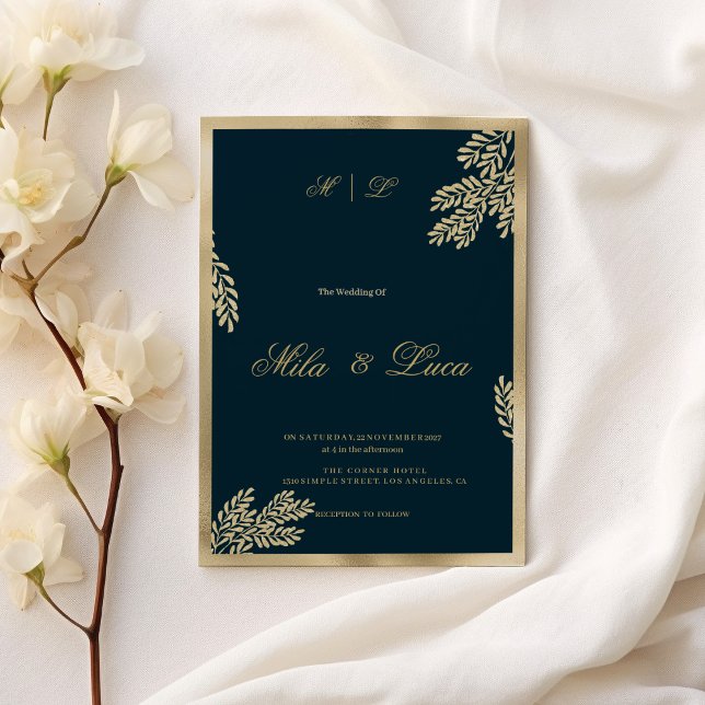 Navy blue gold glitter leaf floral Wedding  Invitation (Navy blue gold glitter leaf floral Wedding)