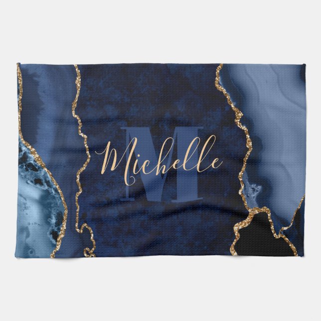 Navy Blue & Gold Glitter Marble Agate Monogram Kitchen Towel (Horizontal)