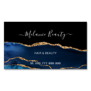 Navy Blue Gold Glitter Marble Business Card Magnet