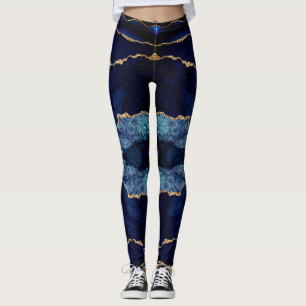 Navy Blue Gold Glitter Marble Gemstone Leggings