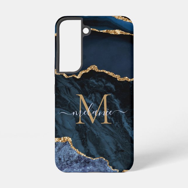 Navy Blue Gold Glitter Marble Monogram Custom Name Samsung Galaxy S22 Case (Back)