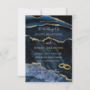 Navy Blue Gold Glitter Marble Wedding Invitation
