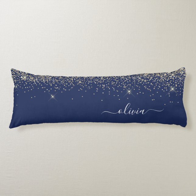 Navy Blue Gold Glitter Monogram Name Girly Body Pillow (Front)