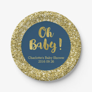 Navy Blue Gold Glitter Oh Baby Baby Shower Plate