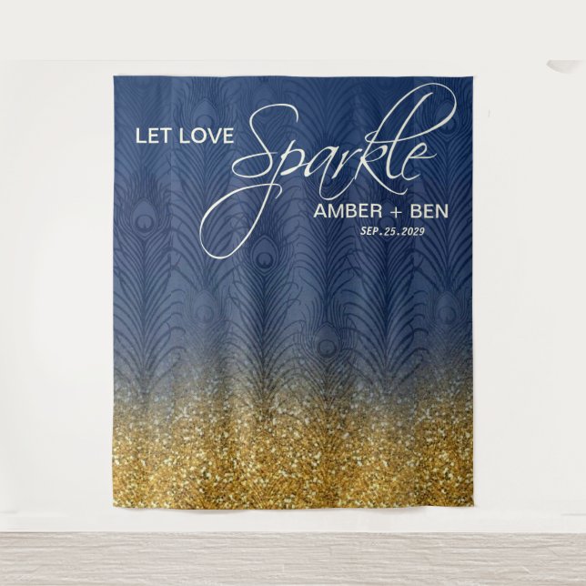 Navy Blue & Gold Glitter Peacock Wedding Custom Tapestry (Front)